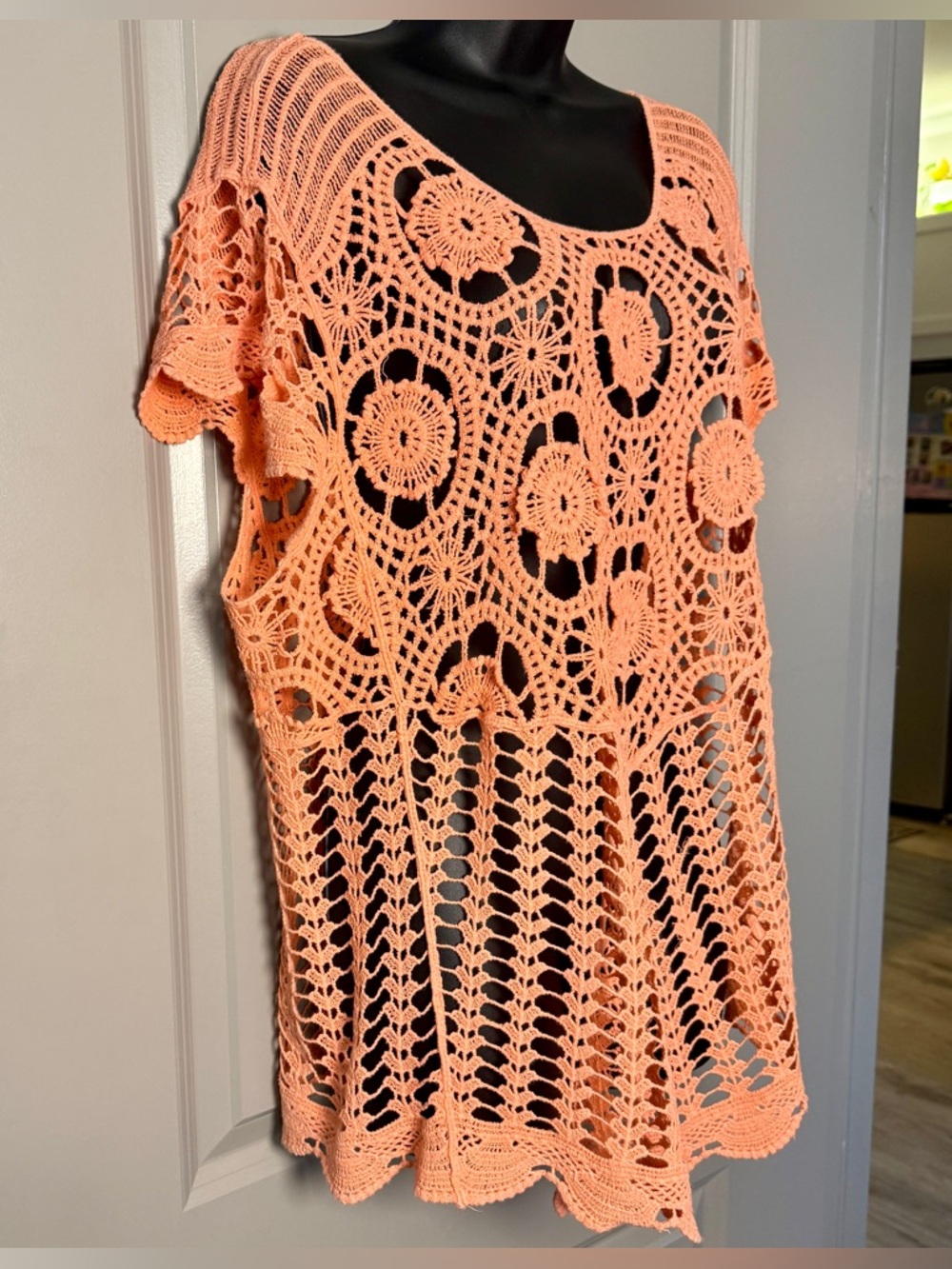 Peach Coral Crochet Top Cotton Beach Cover Festival Boho M/L